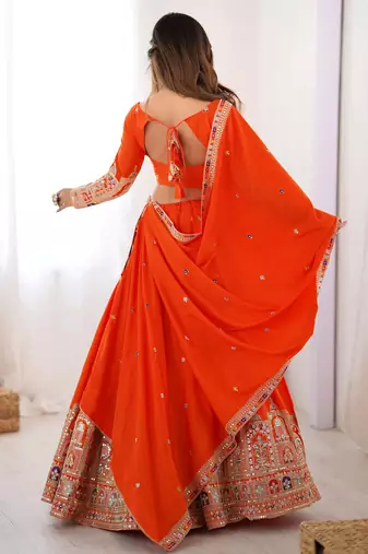 Womens's Chinnon Traditional Motiff Semi-Stitched Lehenga Choli With Dupatta Set