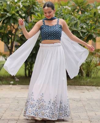 Womens's Georgette Floral Motiff Semi-Stitched Lehenga Choli With Dupatta Set 3