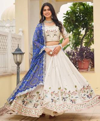 Womens's Chinnon Traditional Motiff Semi-Stitched Lehenga Choli With Bandhani Dupatta Set 1