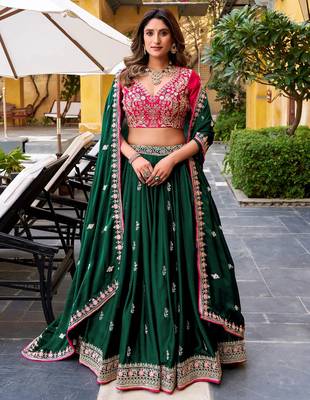 Womens's Chinnon Traditional Motiff Semi-Stitched Lehenga Choli With Dupatta Set 1
