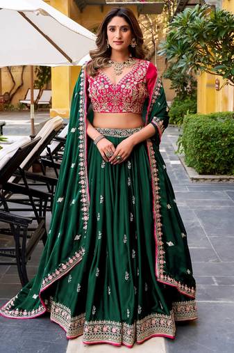 Womens's Chinnon Traditional Motiff Semi-Stitched Lehenga Choli With Dupatta Set