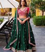 Womens's Chinnon Traditional Motiff Semi-Stitched Lehenga Choli With Dupatta Set
