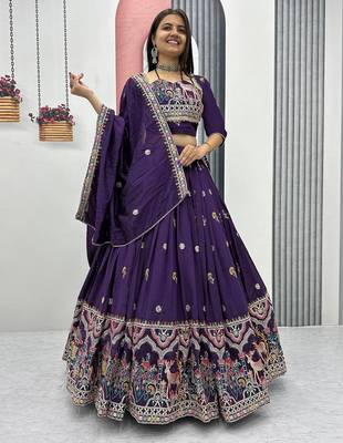 Womens's Chinnon Traditional Motiff Semi-Stitched Lehenga Choli With Dupatta Set 1