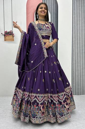 Womens's Chinnon Traditional Motiff Semi-Stitched Lehenga Choli With Dupatta Set