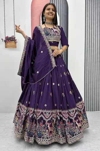 Womens's Chinnon Traditional Motiff Semi-Stitched Lehenga Choli With Dupatta Set