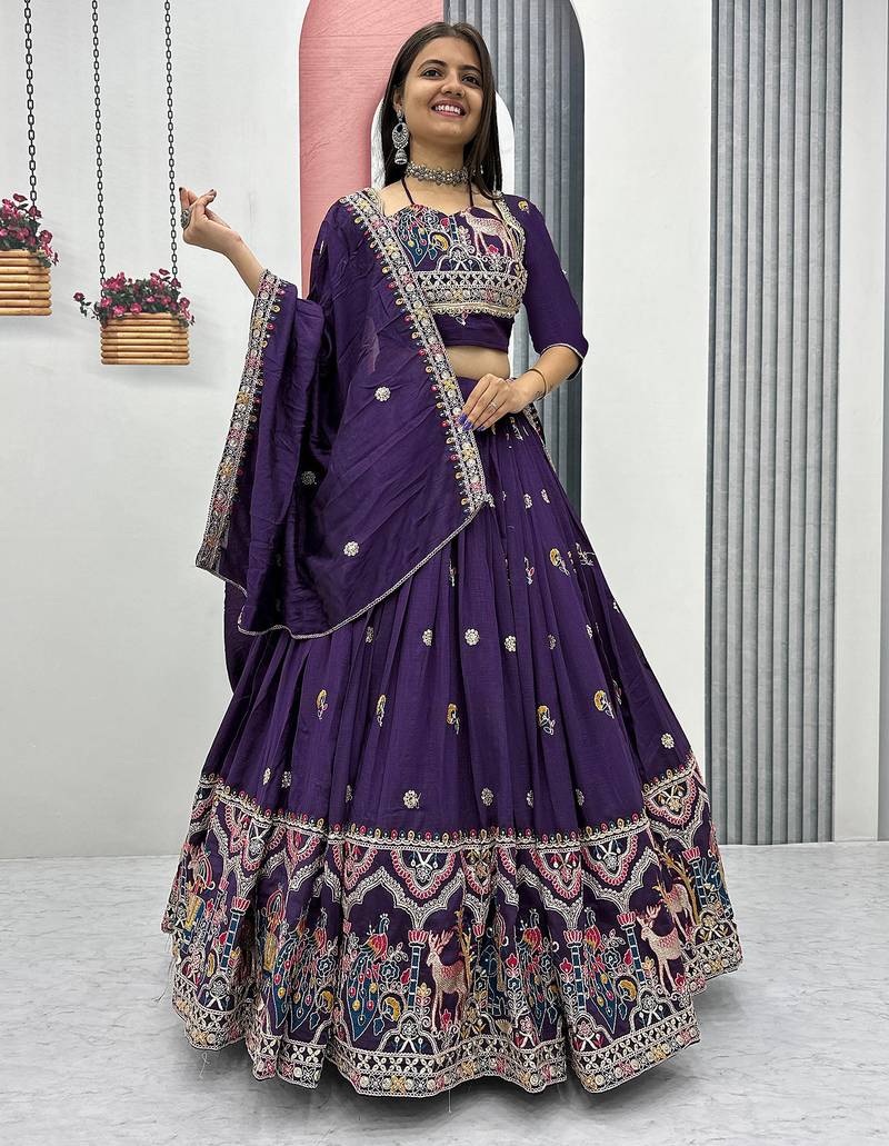 Womens's Chinnon Traditional Motiff Semi-Stitched Lehenga Choli With Dupatta Set
