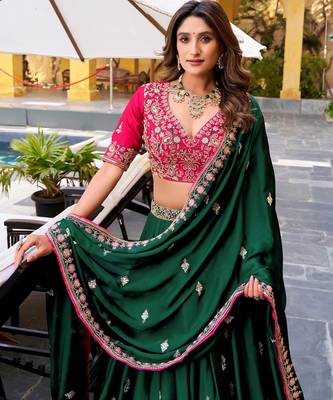Womens's Chinnon Traditional Motiff Semi-Stitched Lehenga Choli With Dupatta Set 3