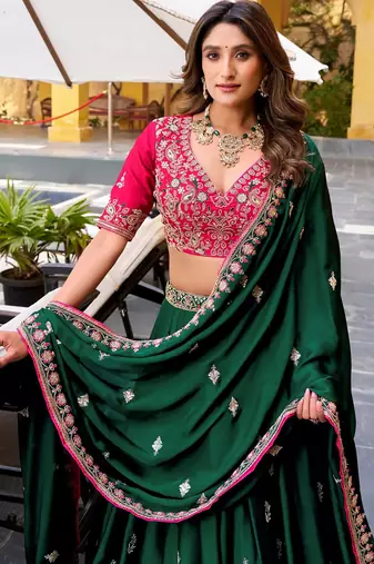 Womens's Chinnon Traditional Motiff Semi-Stitched Lehenga Choli With Dupatta Set