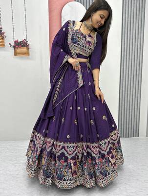 Womens's Chinnon Traditional Motiff Semi-Stitched Lehenga Choli With Dupatta Set 2