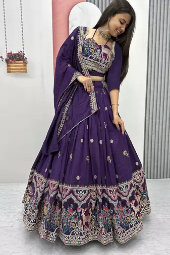 Womens's Chinnon Traditional Motiff Semi-Stitched Lehenga Choli With Dupatta Set