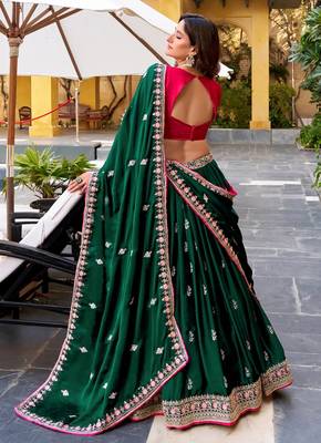 Womens's Chinnon Traditional Motiff Semi-Stitched Lehenga Choli With Dupatta Set 4