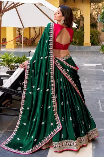 Womens's Chinnon Traditional Motiff Semi-Stitched Lehenga Choli With Dupatta Set