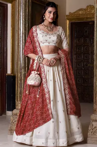 Womens's Chinnon Traditional Motiff Semi-Stitched Lehenga Choli With Bandhani Dupatta Set