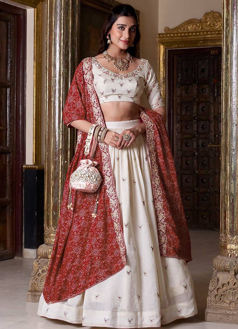 Womens's Chinnon Traditional Motiff Semi-Stitched Lehenga Choli With Bandhani Dupatta Set
