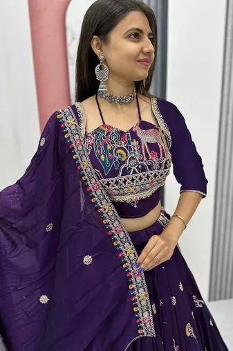 Womens's Chinnon Traditional Motiff Semi-Stitched Lehenga Choli With Dupatta Set