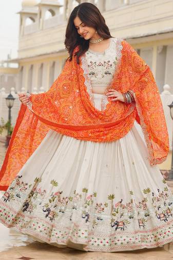 Womens's Chinnon Traditional Motiff Semi-Stitched Lehenga Choli With Bandhani Dupatta Set