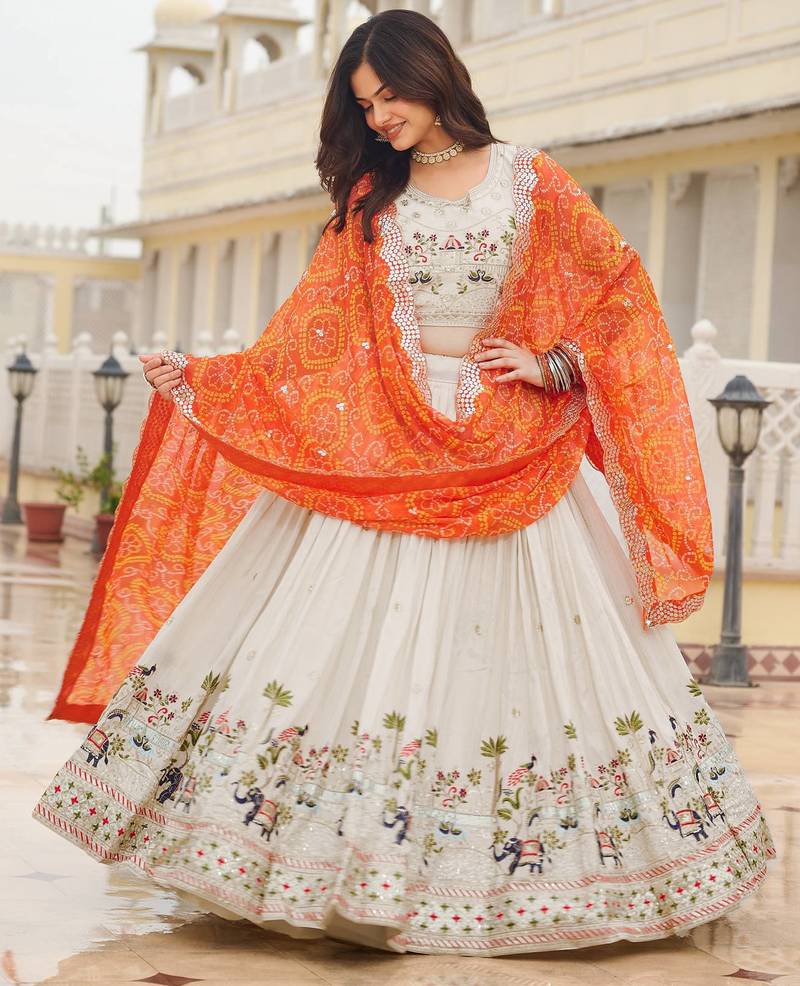 Womens's Chinnon Traditional Motiff Semi-Stitched Lehenga Choli With Bandhani Dupatta Set