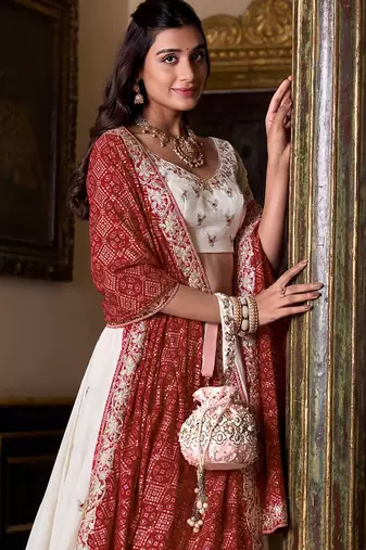 Womens's Chinnon Traditional Motiff Semi-Stitched Lehenga Choli With Bandhani Dupatta Set