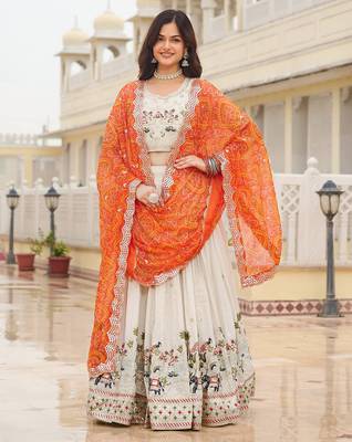 Womens's Chinnon Traditional Motiff Semi-Stitched Lehenga Choli With Bandhani Dupatta Set 2