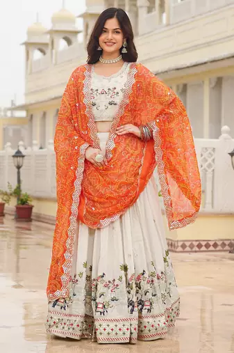 Womens's Chinnon Traditional Motiff Semi-Stitched Lehenga Choli With Bandhani Dupatta Set