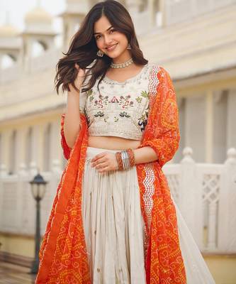 Womens's Chinnon Traditional Motiff Semi-Stitched Lehenga Choli With Bandhani Dupatta Set 3