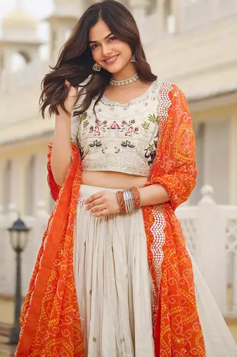 Womens's Chinnon Traditional Motiff Semi-Stitched Lehenga Choli With Bandhani Dupatta Set