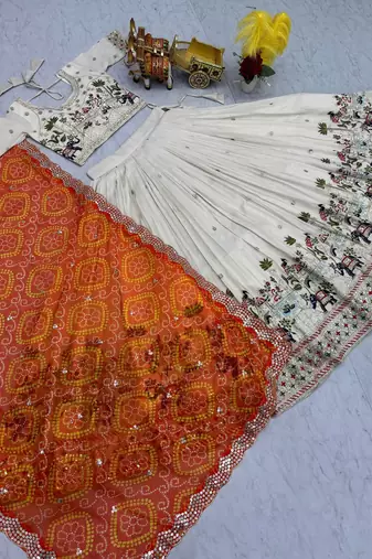 Womens's Chinnon Traditional Motiff Semi-Stitched Lehenga Choli With Bandhani Dupatta Set
