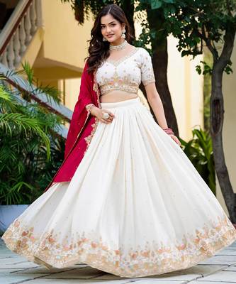 Womens's Chinnon Traditional Motiff Semi-Stitched Lehenga Choli With Dupatta Set 1