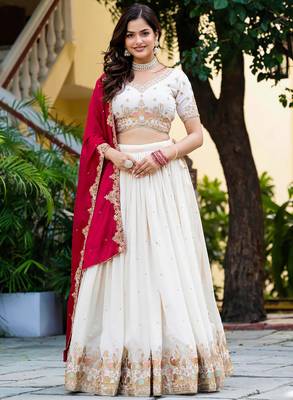 Womens's Chinnon Traditional Motiff Semi-Stitched Lehenga Choli With Dupatta Set 2