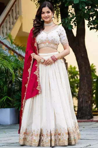 Womens's Chinnon Traditional Motiff Semi-Stitched Lehenga Choli With Dupatta Set