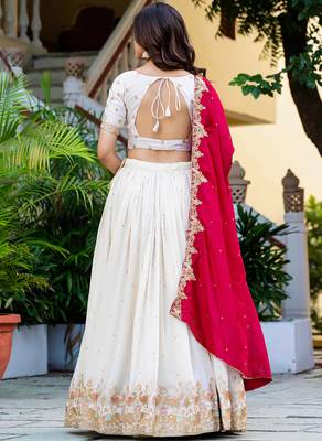 Womens's Chinnon Traditional Motiff Semi-Stitched Lehenga Choli With Dupatta Set 3