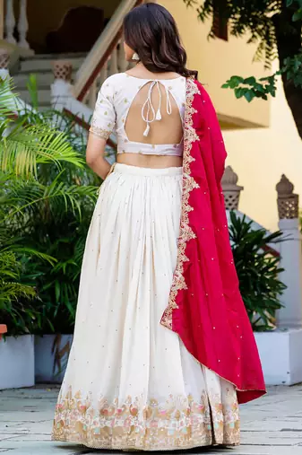 Womens's Chinnon Traditional Motiff Semi-Stitched Lehenga Choli With Dupatta Set