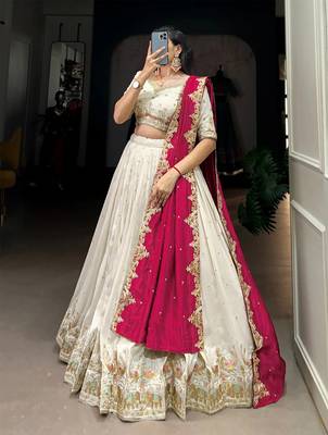 Womens's Chinnon Traditional Motiff Semi-Stitched Lehenga Choli With Dupatta Set 1