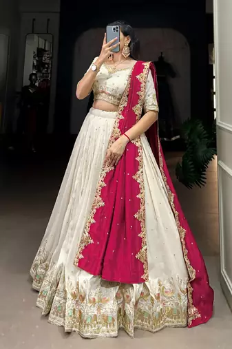 Womens's Chinnon Traditional Motiff Semi-Stitched Lehenga Choli With Dupatta Set