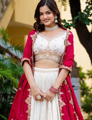 Womens's Chinnon Traditional Motiff Semi-Stitched Lehenga Choli With Dupatta Set 4