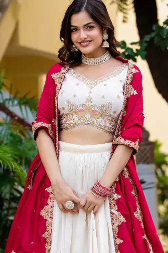 Womens's Chinnon Traditional Motiff Semi-Stitched Lehenga Choli With Dupatta Set