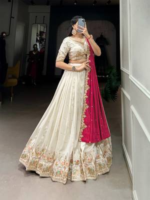 Womens's Chinnon Traditional Motiff Semi-Stitched Lehenga Choli With Dupatta Set 2