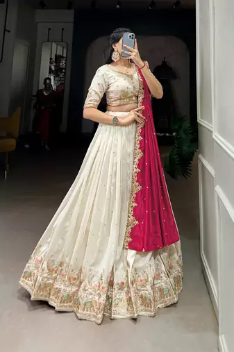 Womens's Chinnon Traditional Motiff Semi-Stitched Lehenga Choli With Dupatta Set