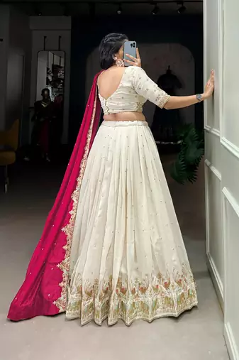 Womens's Chinnon Traditional Motiff Semi-Stitched Lehenga Choli With Dupatta Set