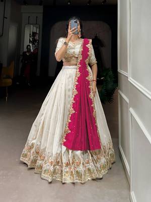 Womens's Chinnon Traditional Motiff Semi-Stitched Lehenga Choli With Dupatta Set 4
