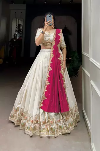 Womens's Chinnon Traditional Motiff Semi-Stitched Lehenga Choli With Dupatta Set