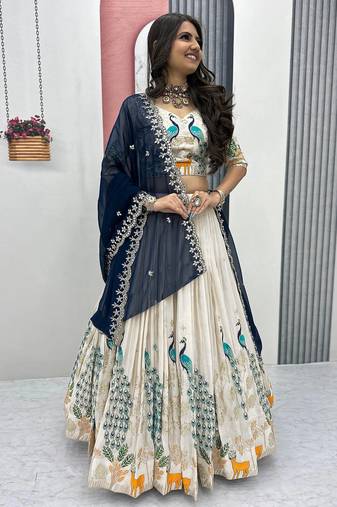 Womens's Chinnon Traditional Motiff Semi-Stitched Lehenga Choli With Dupatta Set