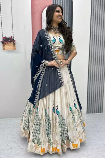 Womens's Chinnon Traditional Motiff Semi-Stitched Lehenga Choli With Dupatta Set