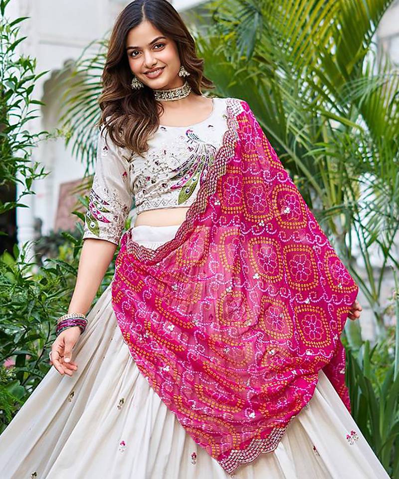 Womens's Chinnon Traditional Motiff Semi-Stitched Lehenga Choli With Bandhani Dupatta Set