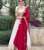 Womens's Chinnon Traditional Motiff Semi-Stitched Lehenga Choli With Dupatta Set