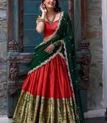 Womens's Kanchipuram Silk Woven Motiff Semi-Stitched Lehenga Choli With Dupatta Set