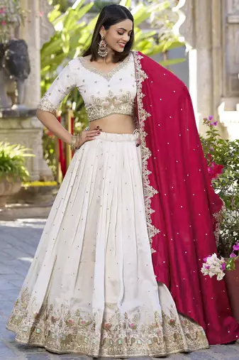 Womens's Chinnon Traditional Motiff Semi-Stitched Lehenga Choli With Dupatta Set
