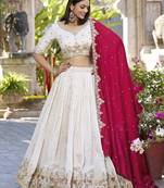 Womens's Chinnon Traditional Motiff Semi-Stitched Lehenga Choli With Dupatta Set