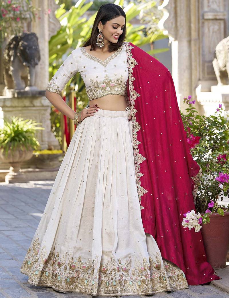 Womens's Chinnon Traditional Motiff Semi-Stitched Lehenga Choli With Dupatta Set
