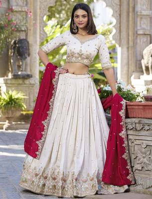 Womens's Chinnon Traditional Motiff Semi-Stitched Lehenga Choli With Dupatta Set 2
